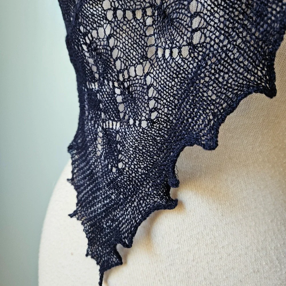 Laura Ashley Vintage 90s Navy 100% Wool Lace Knit Square Shawl Scarf Made in UK